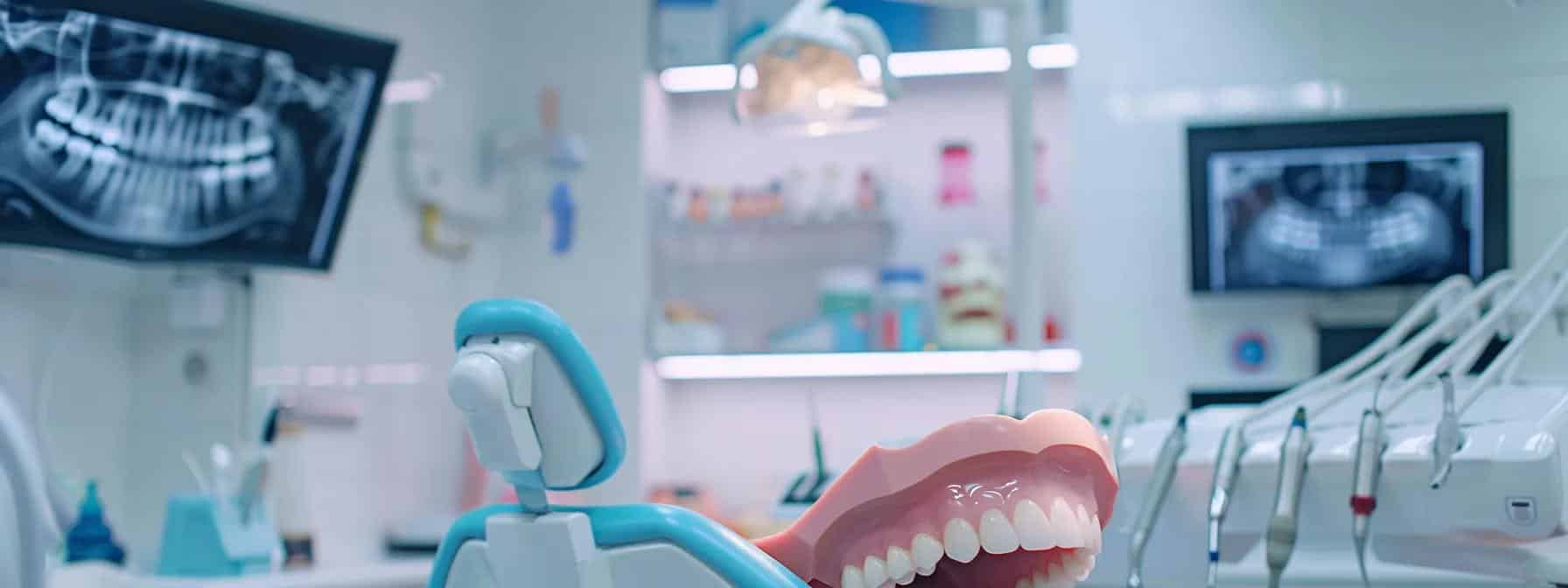 a vibrant dental office in texas, showcasing a modern examination room with a sophisticated dental chair and a detailed chart on managing insurance coverage for dentures and implants prominently displayed on the wall.