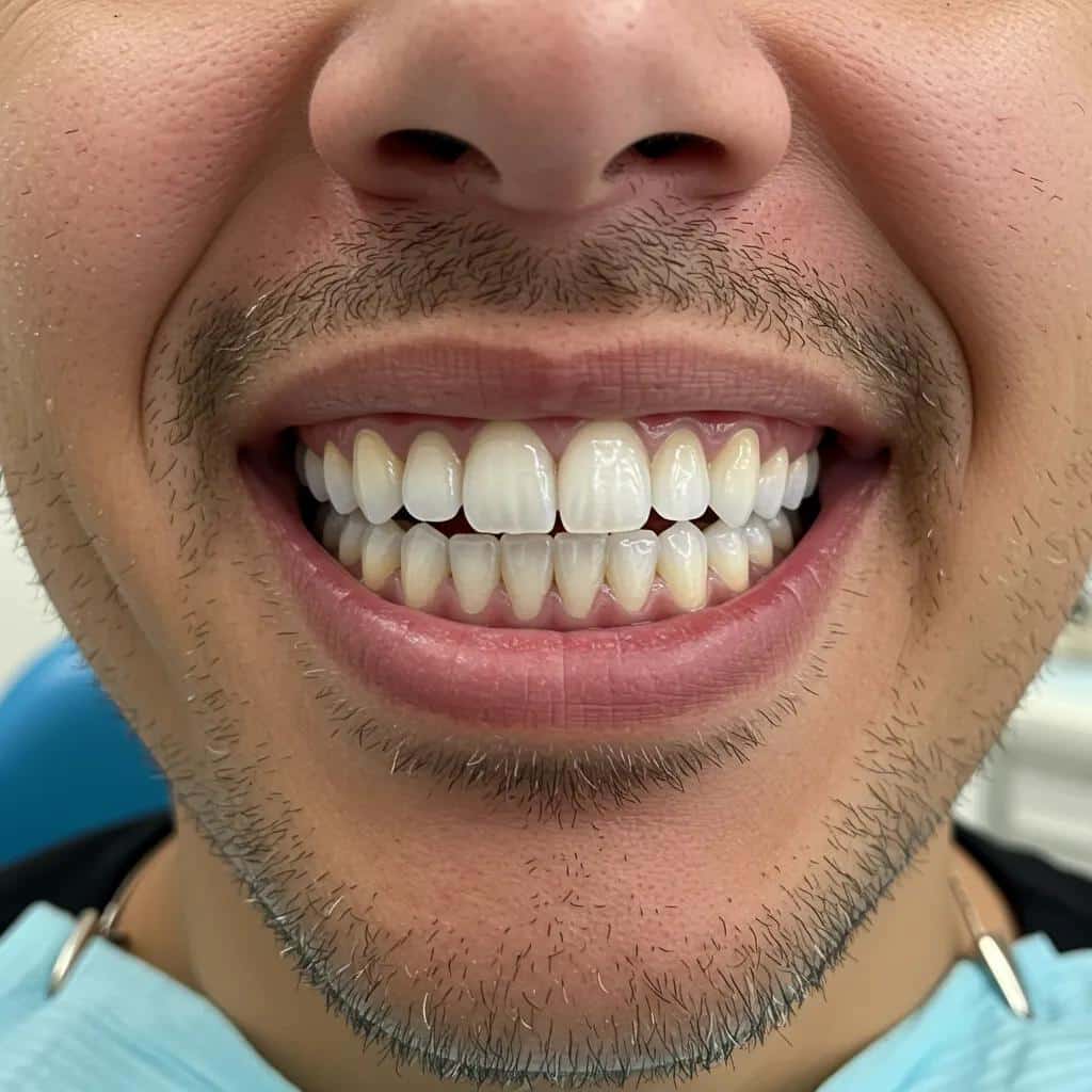 Adult smiling with beautiful dental veneers showcasing aesthetic benefits
