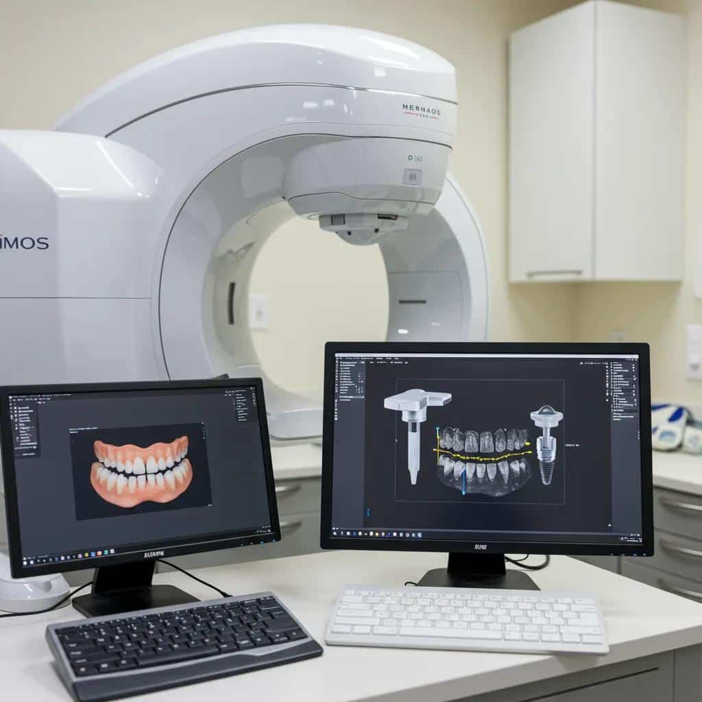 Advanced dental technology showcasing 3D cone beam CT and digital planning software