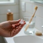 Alum crystal held in hand with toothbrush and water glass in a bright bathroom setting