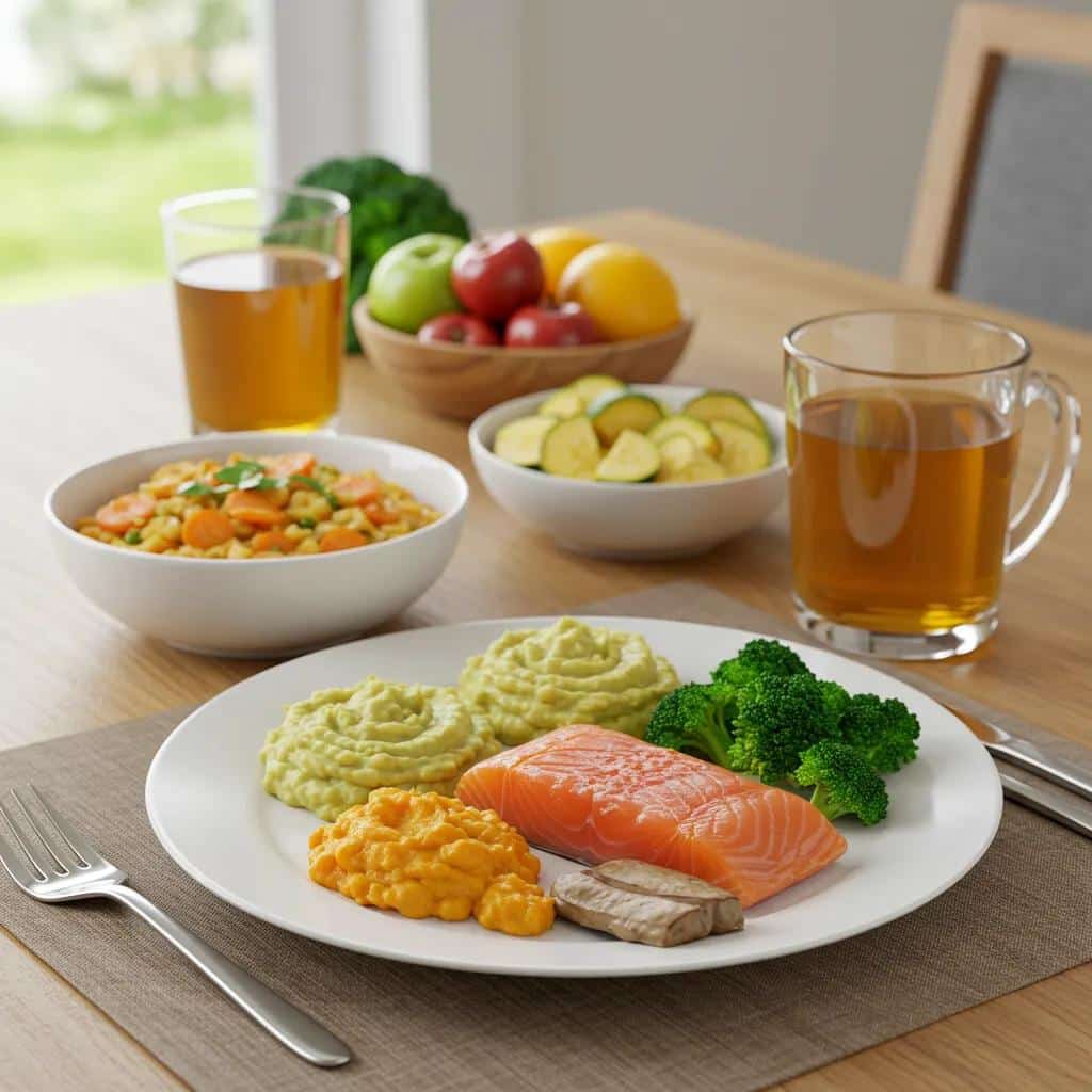Balanced meal with nutrient-rich foods supporting dental implant health on a dining table
