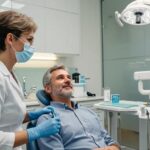 a modern dental clinic with sleek, minimalist design showcases a confident middle-aged patient receiving a consultation about titanium and zirconia dental implants, illuminated by bright, clinical lighting that emphasizes the advanced dental technology and professional atmosphere.