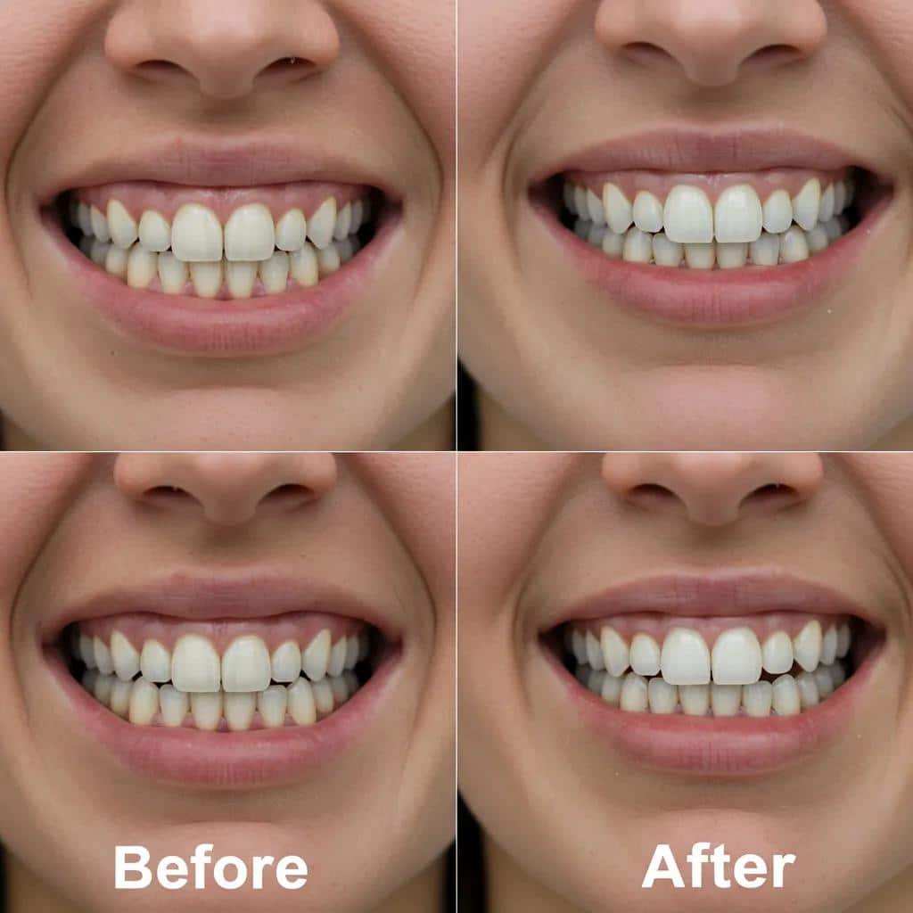 Before and after comparison of a dental implant smile transformation, showcasing significant aesthetic improvement and patient confidence