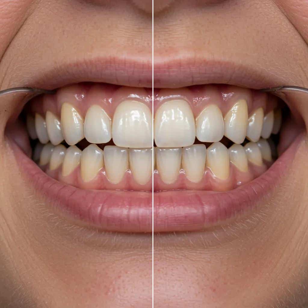 Before-and-after comparison of a dental veneers transformation showcasing improved smile aesthetics