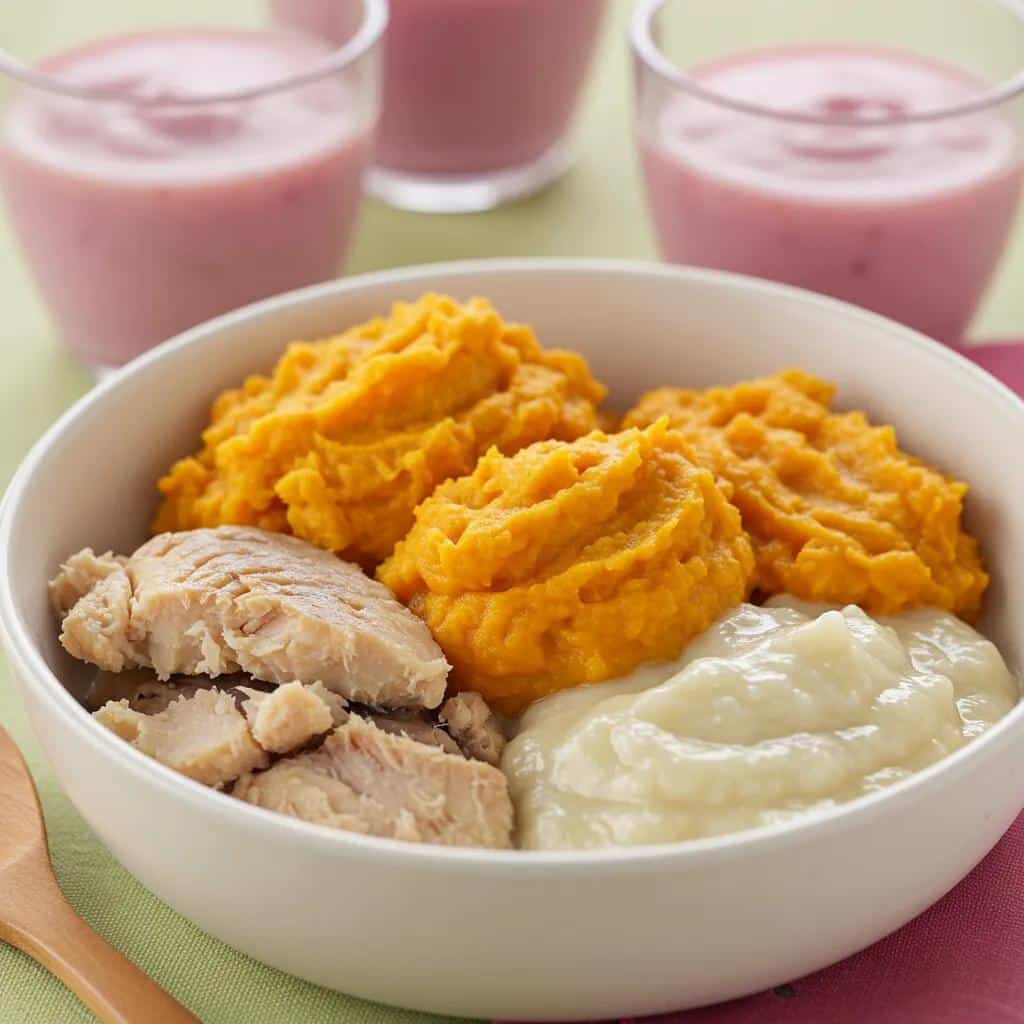 Bowl of soft foods for dental implant recovery including flaked fish, mashed sweet potatoes, and smoothies