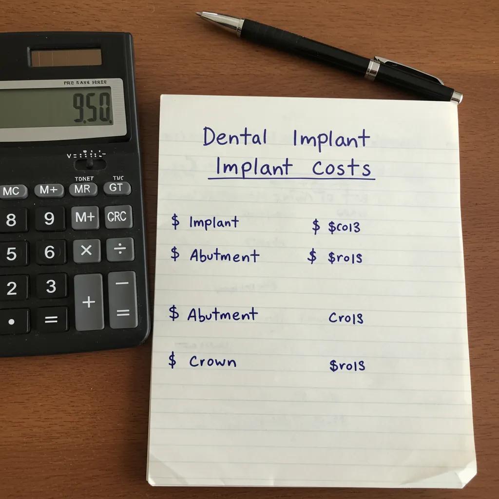 Calculator and notepad with handwritten notes on dental implant costs