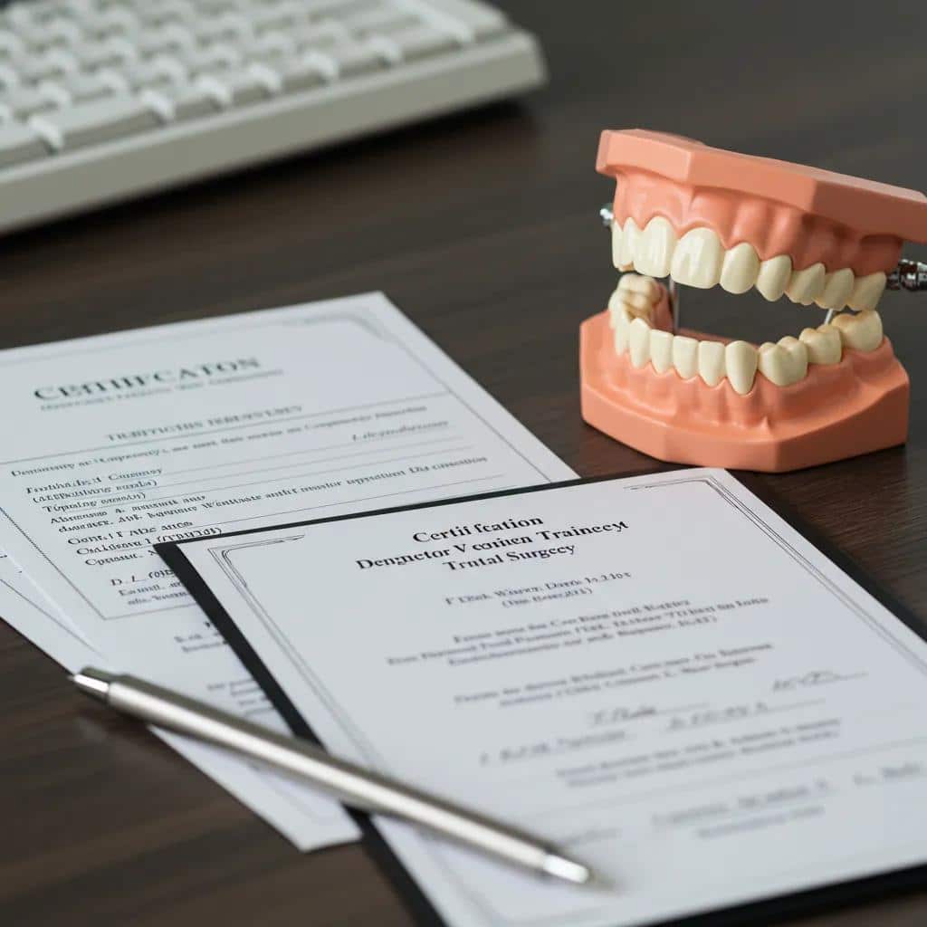 Certification documents and dental implant model on a desk