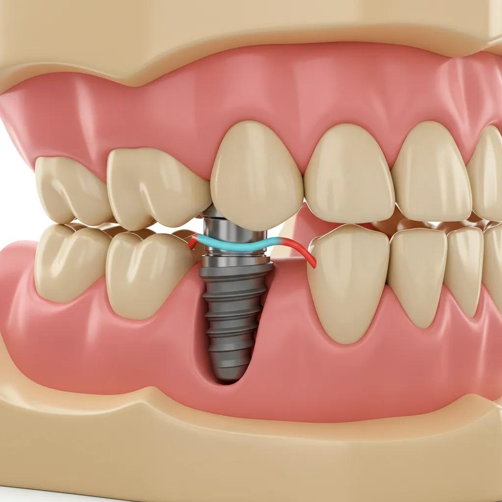 Close-up of a dental implant demonstrating osseointegration in a jawbone model
