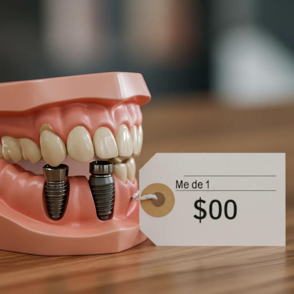 Close-up of a dental implant model with a price tag, illustrating components and cost