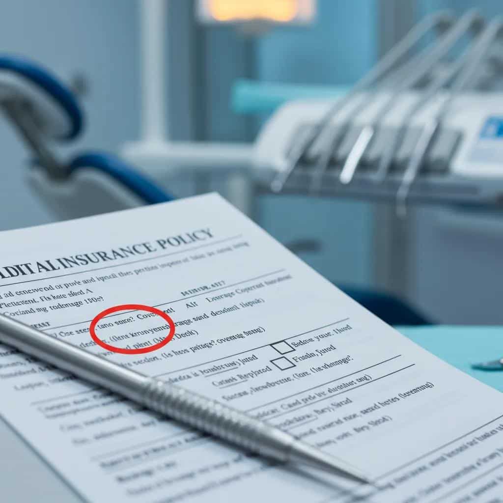 Close-up of a dental insurance policy document highlighting implant coverage details