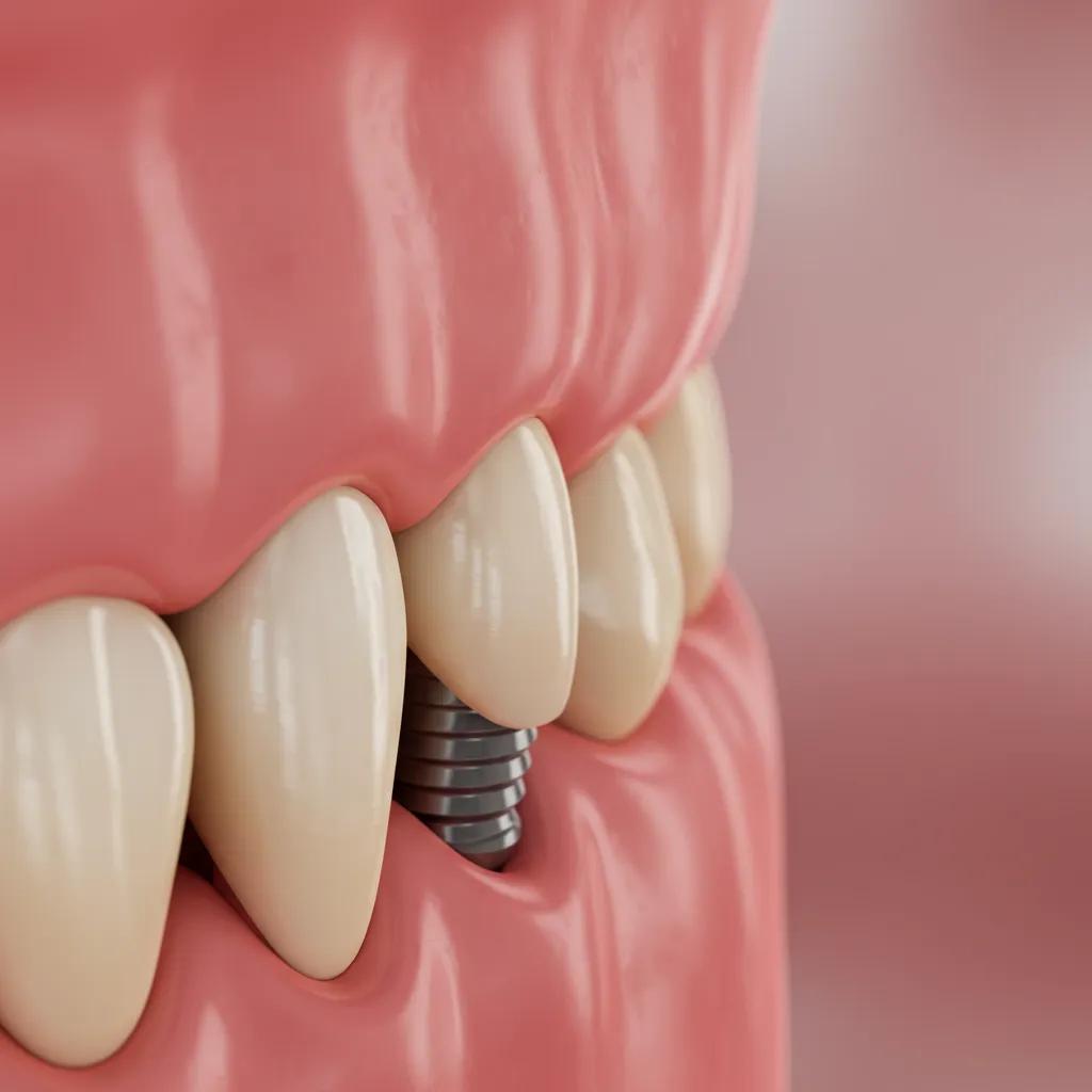 Close-up of a healthy dental implant with surrounding gum tissue, illustrating the importance of check-ups