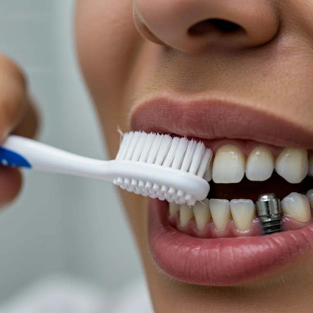 Close-up of a person brushing dental implants with a soft-bristle toothbrush, demonstrating proper oral hygiene techniques