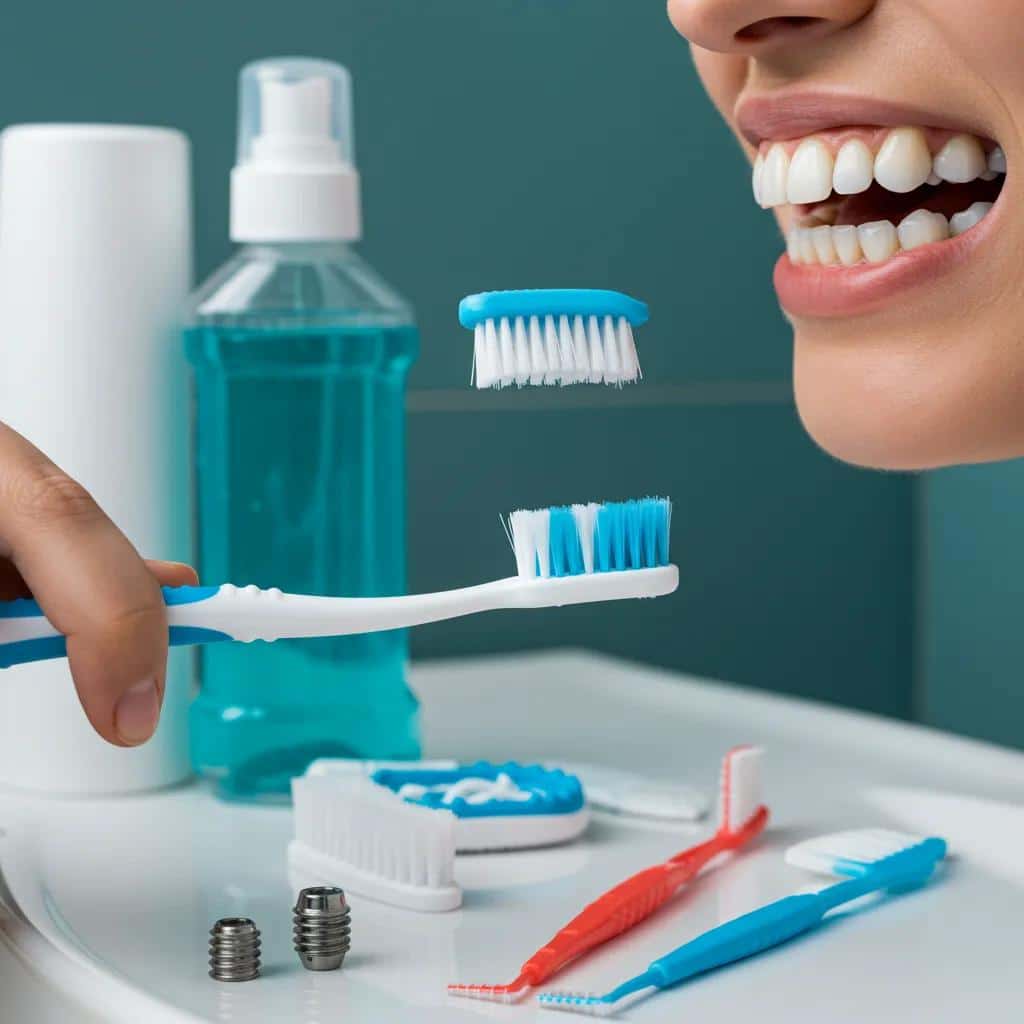 Close-up of a person brushing dental implants with hygiene products in a clean bathroom