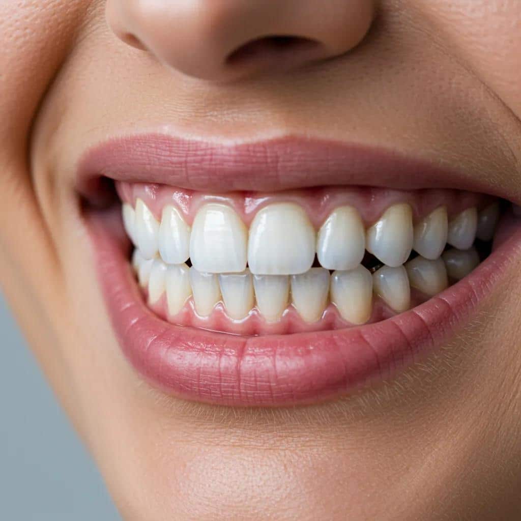 Close-up of a stunning smile with dental implants, illustrating natural aesthetics and integration with surrounding teeth