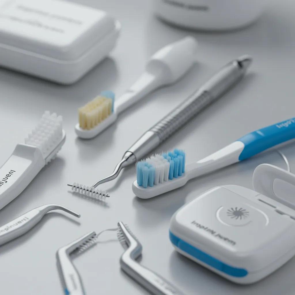 Close-up of dental hygiene tools for implants including interdental brushes and soft-bristle toothbrush