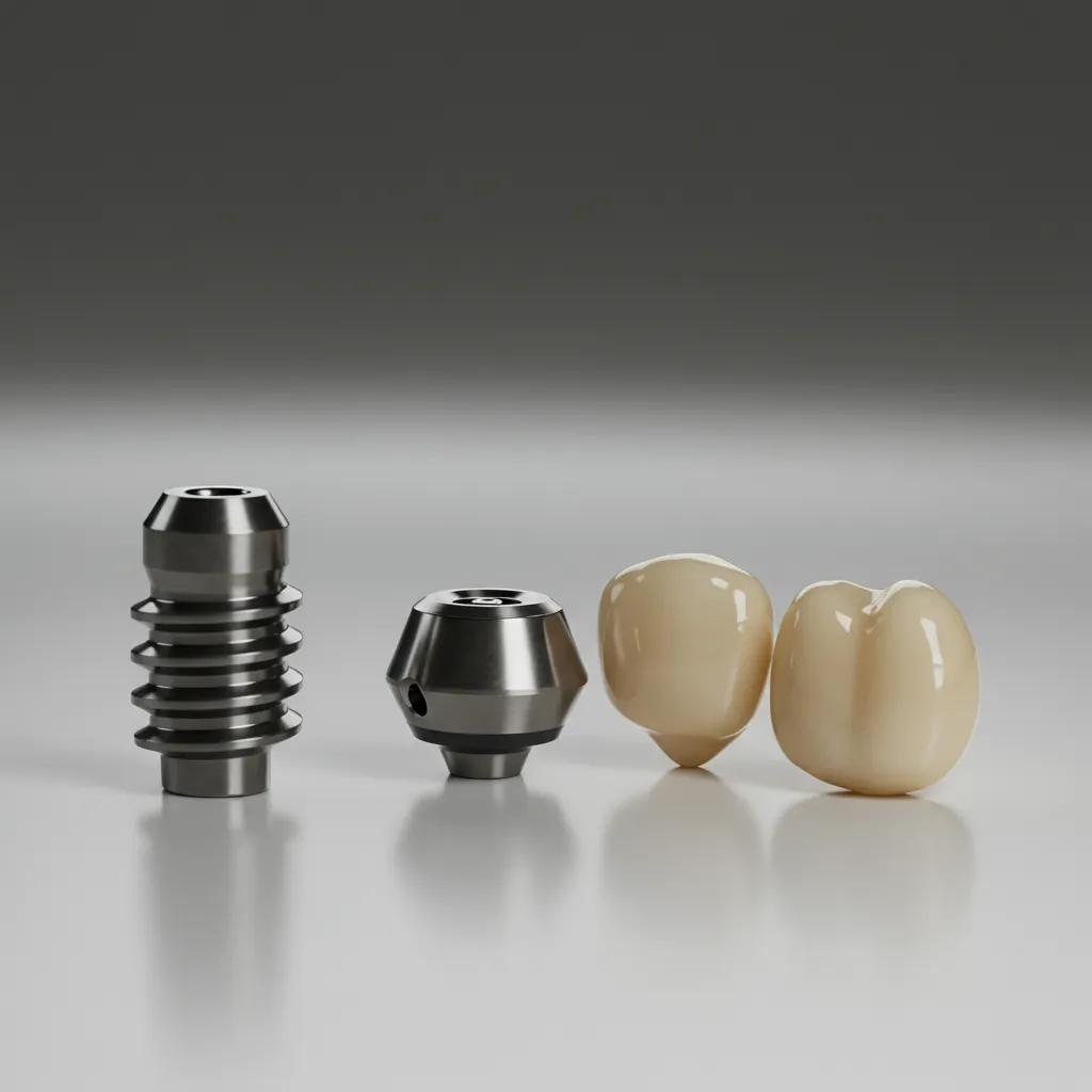 Close-up of dental implant components including post, abutment, and crown