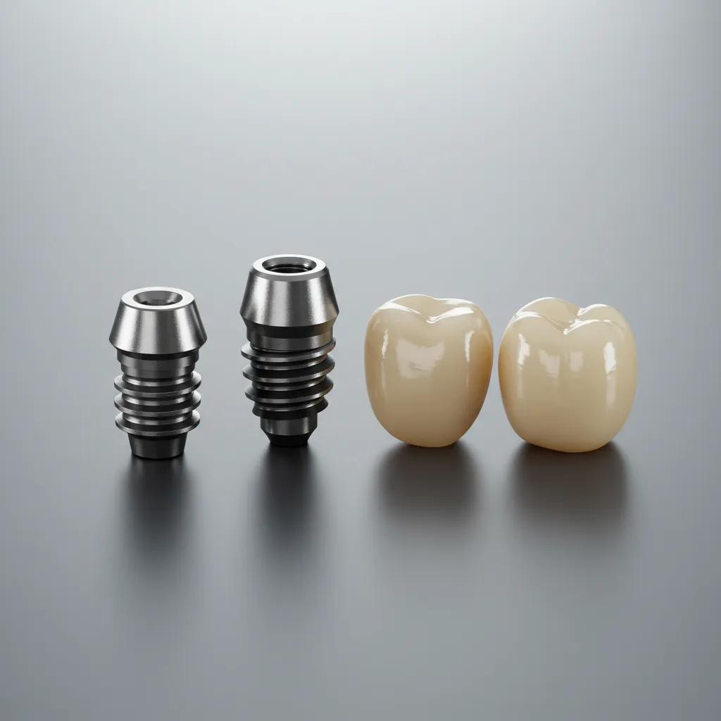 Close-up of dental implant components: post, abutment, and crown