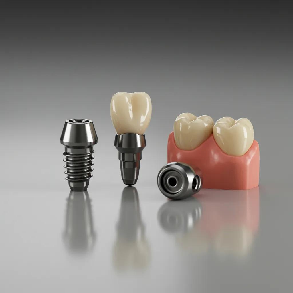 Close-up of dental implant components: post, abutment, and crown on a clean surface