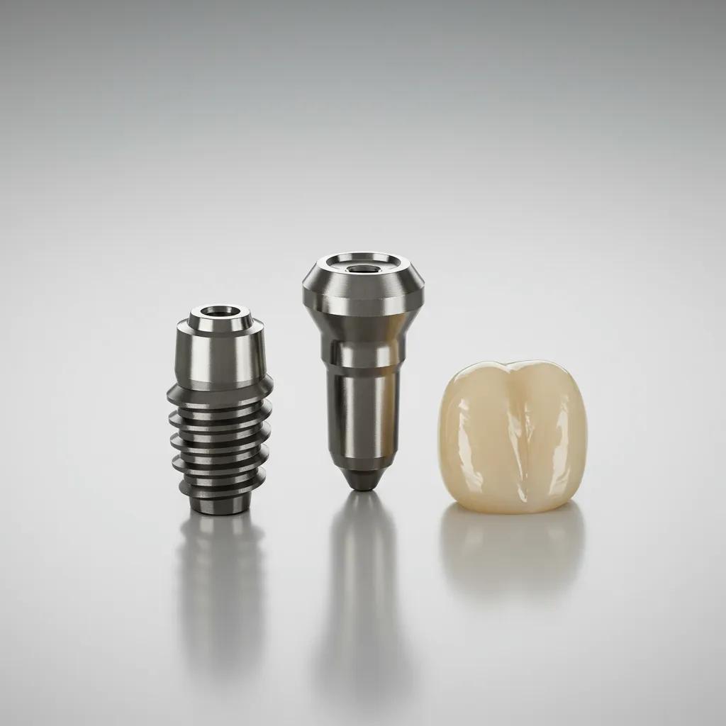 Close-up of dental implant components: titanium post, abutment, and dental crown on a clean surface