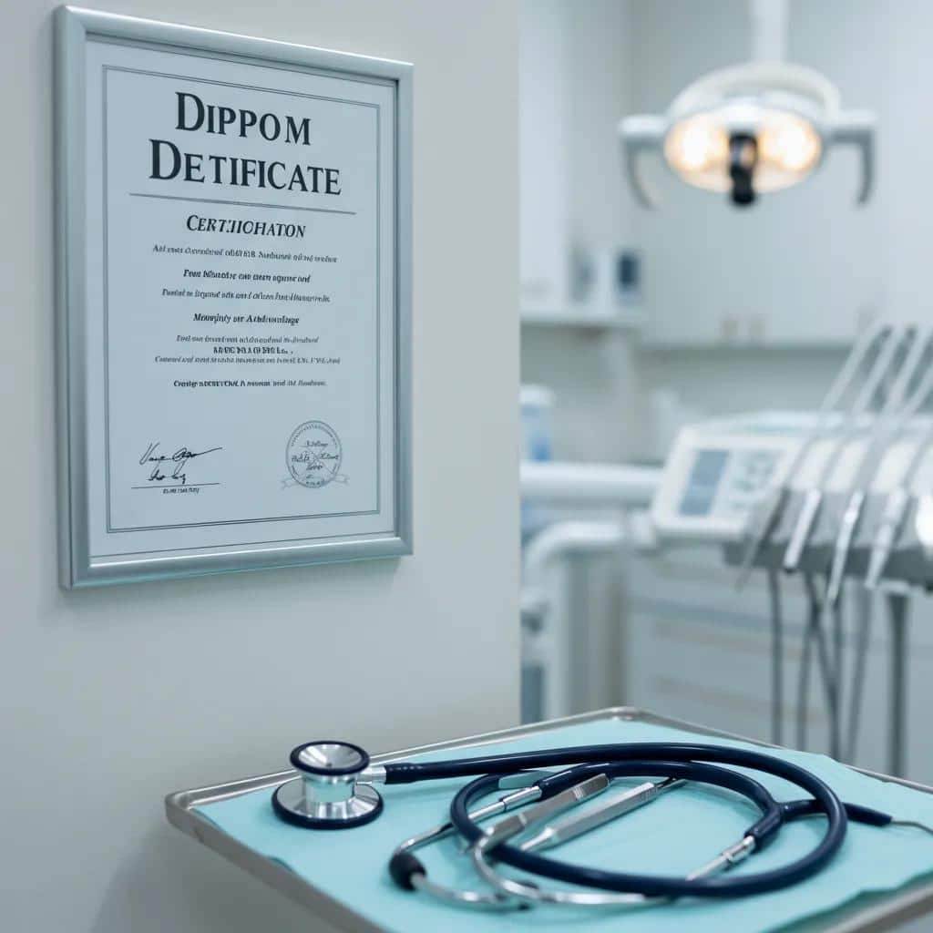 Close-up of dental qualifications and certifications displayed in a dental office