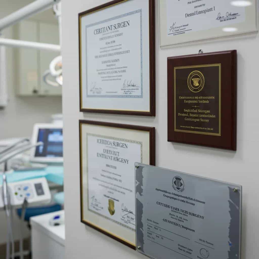 Close-up of dental surgeon's credentials and certificates in a professional office setting