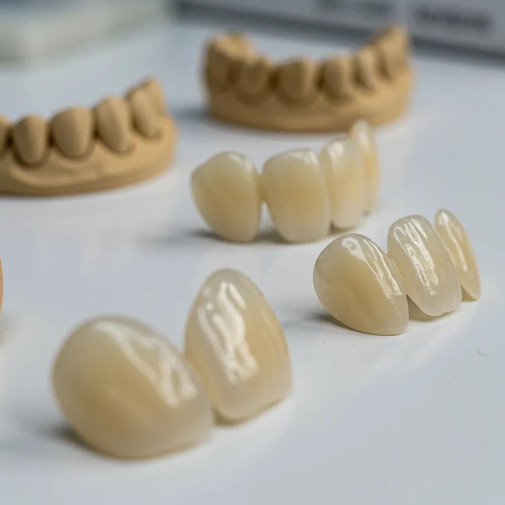 Close-up of porcelain and composite dental veneers showcasing advancements in aesthetics and technology