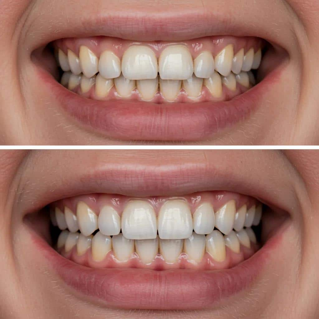 Close-up of smile improvements before and after dental implants