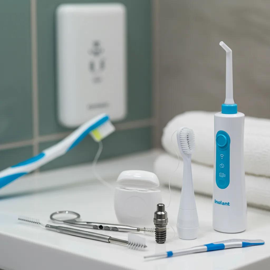 Collection of interdental cleaning tools for dental implants on a bathroom counter