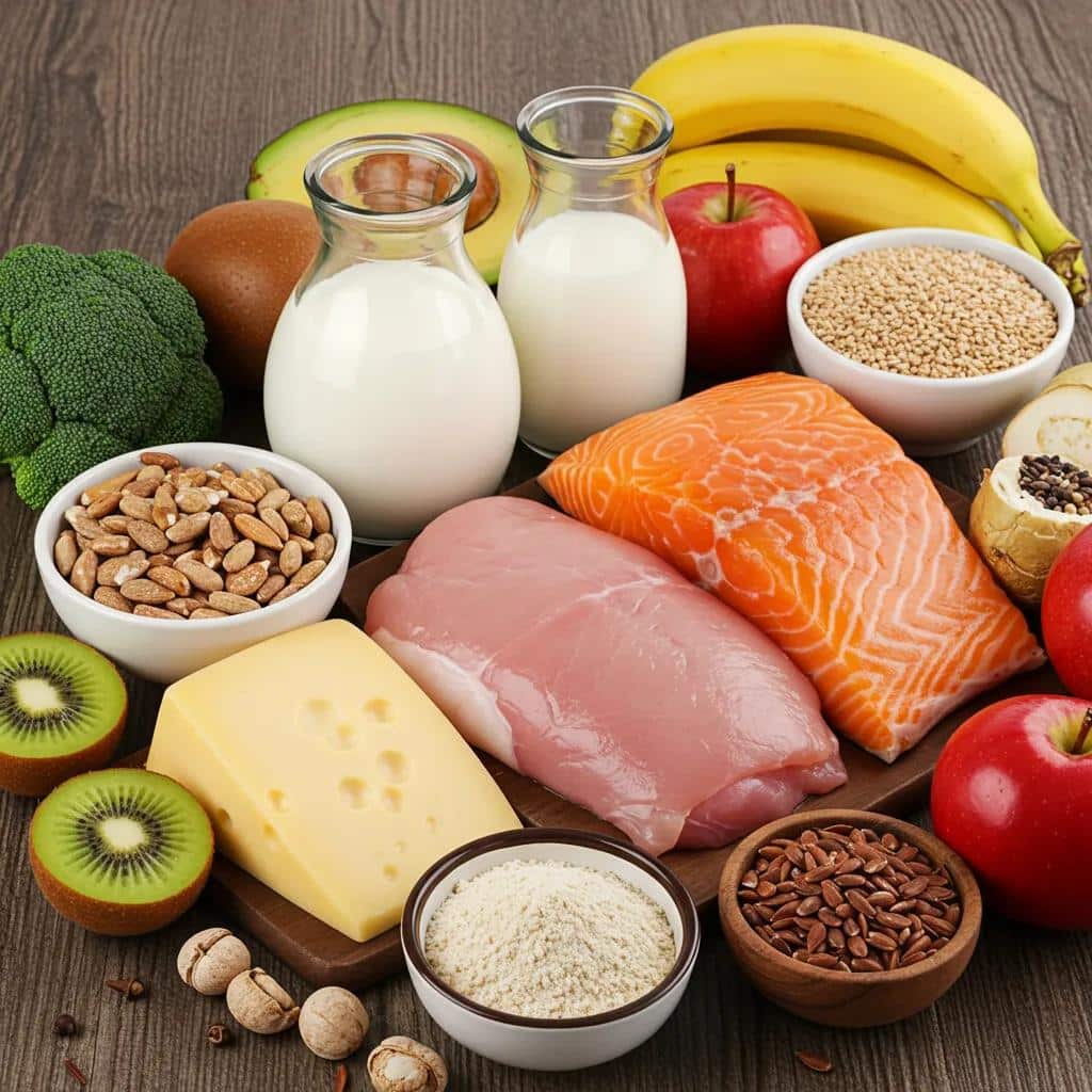 Colorful display of implant-friendly foods including soft fruits, lean proteins, and dairy on a wooden table