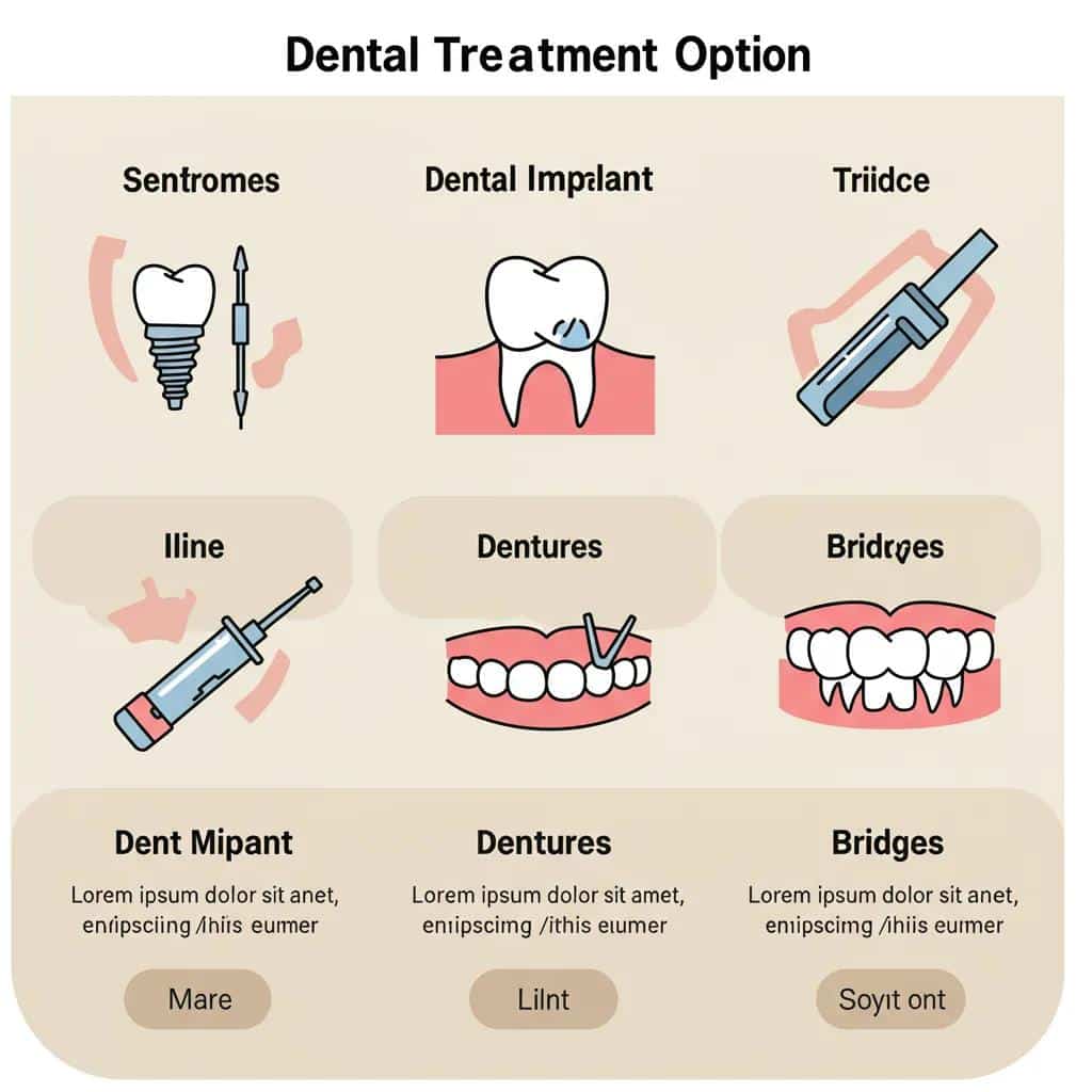 Comparison chart of dental treatment options: dental implants, dentures, and bridges, highlighting cost differences
