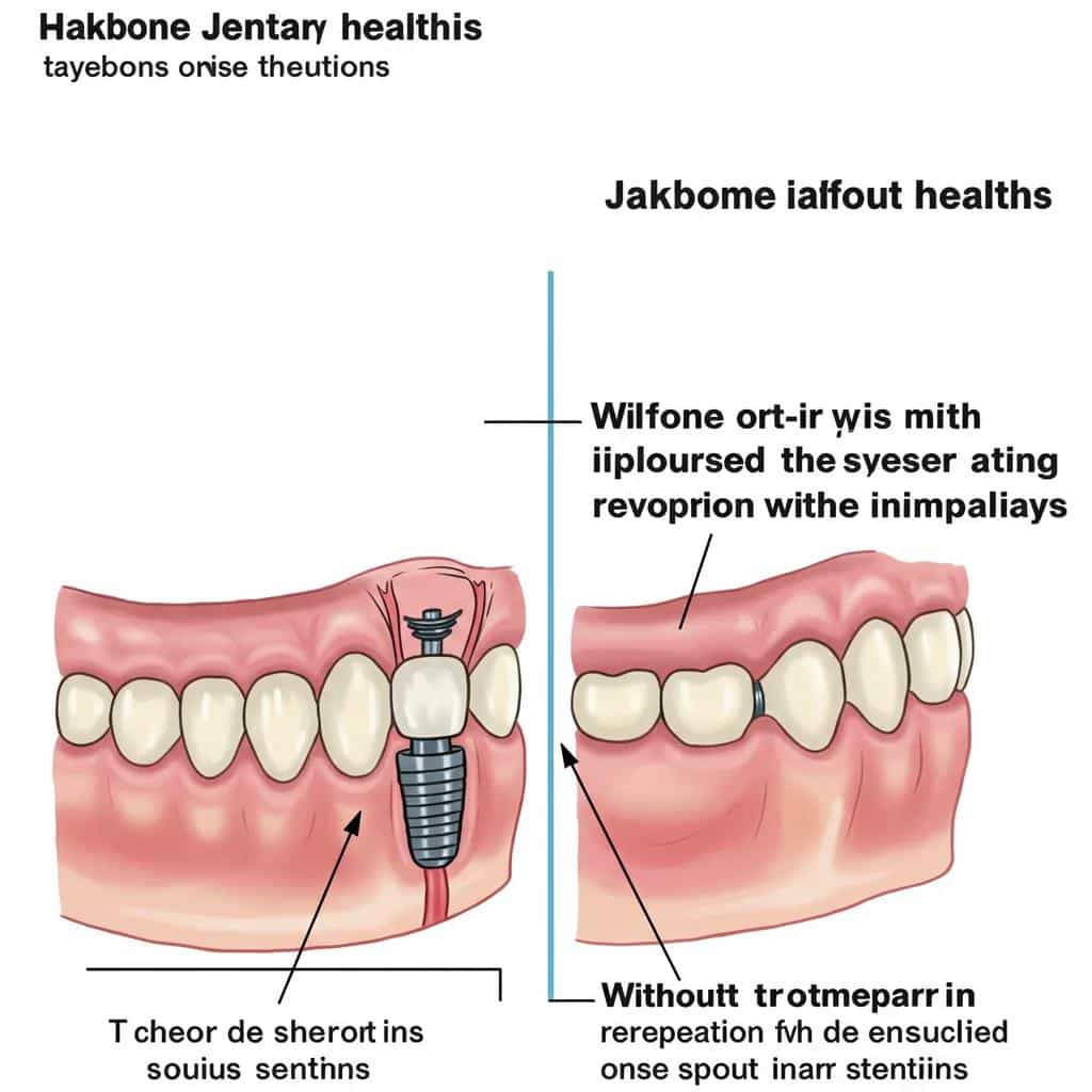 Comparison of jawbone health with dental implants versus without, highlighting bone preservation