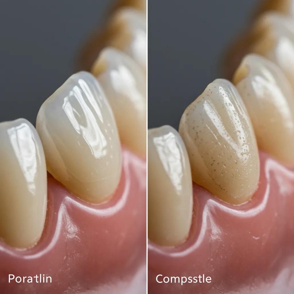 Comparison of porcelain and composite dental veneers showcasing their distinct textures and finishes