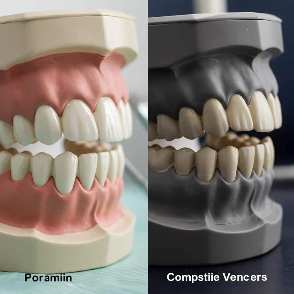 Comparison of porcelain veneers and composite veneers on a dental model in a dental office
