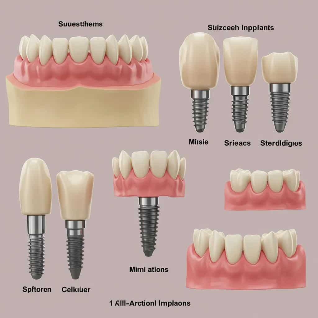 Comparison of various dental implant types including single, mini, and full-arch implants