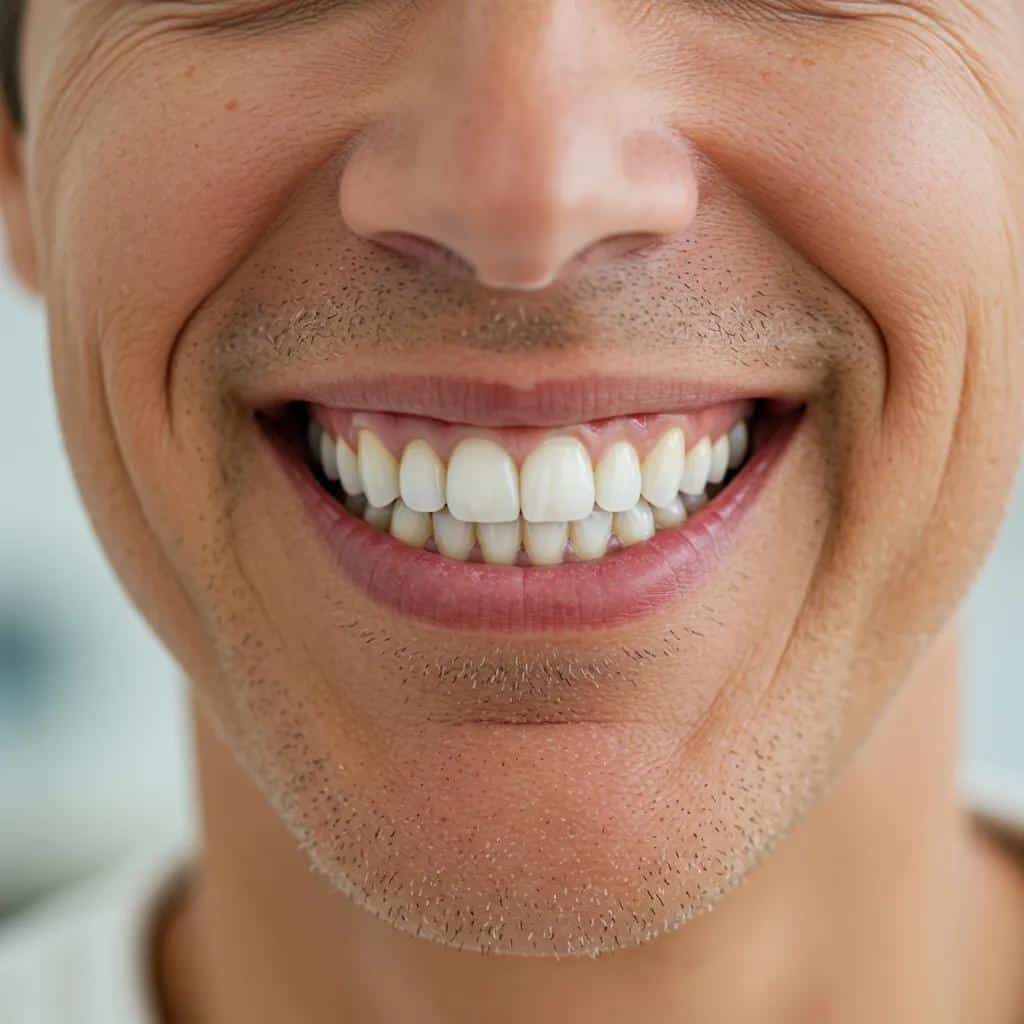 Confident middle-aged person smiling with porcelain veneers, representing ideal candidates