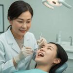 Dental professional examining a patient for dental implants, highlighting gum health and dental care