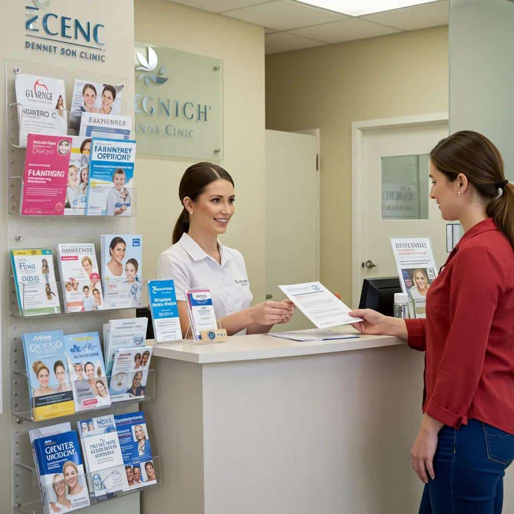 Dental clinic receptionist assisting a patient with financing options in a welcoming environment