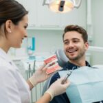 Dental consultation about implants with a smiling patient and dentist in a modern clinic