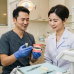 Dental consultation scene with a dentist discussing dental implants with a patient