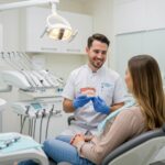 Dental consultation scene with a dentist explaining dental implants to a patient