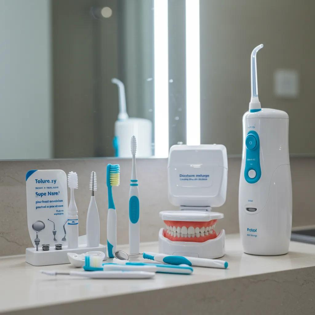 Dental hygiene tools for optimal care after dental implant surgery arranged on a bathroom counter