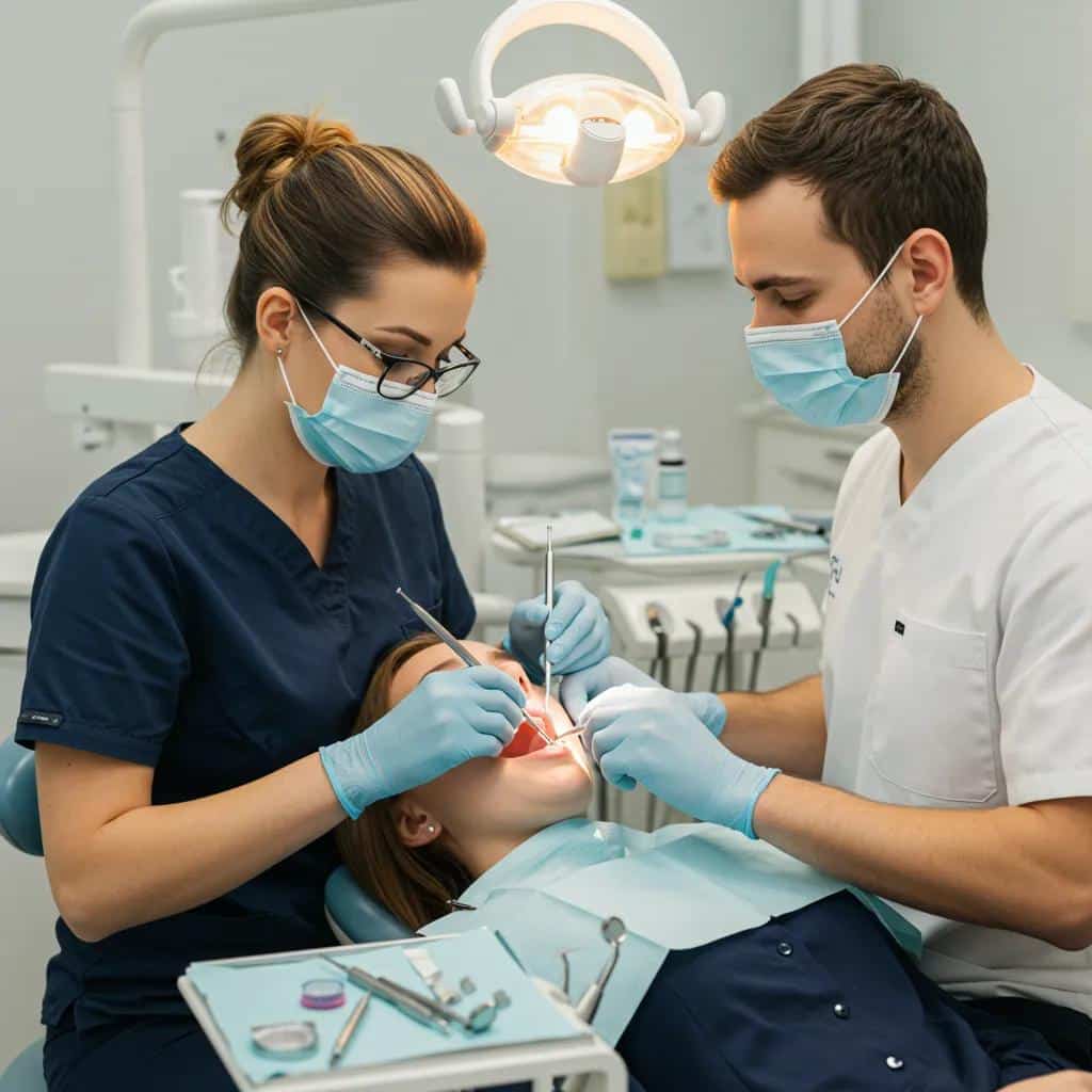 Dental hygienist performing a check-up on a patient with dental implants