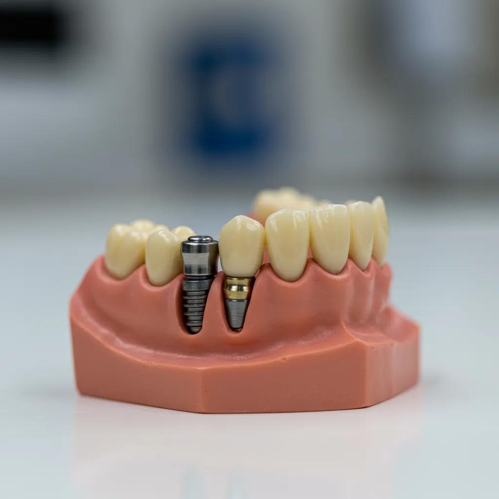 Dental implant model showcasing post, abutment, and crown, illustrating cost components