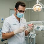 Dental implant surgeon examining a model in a modern clinic