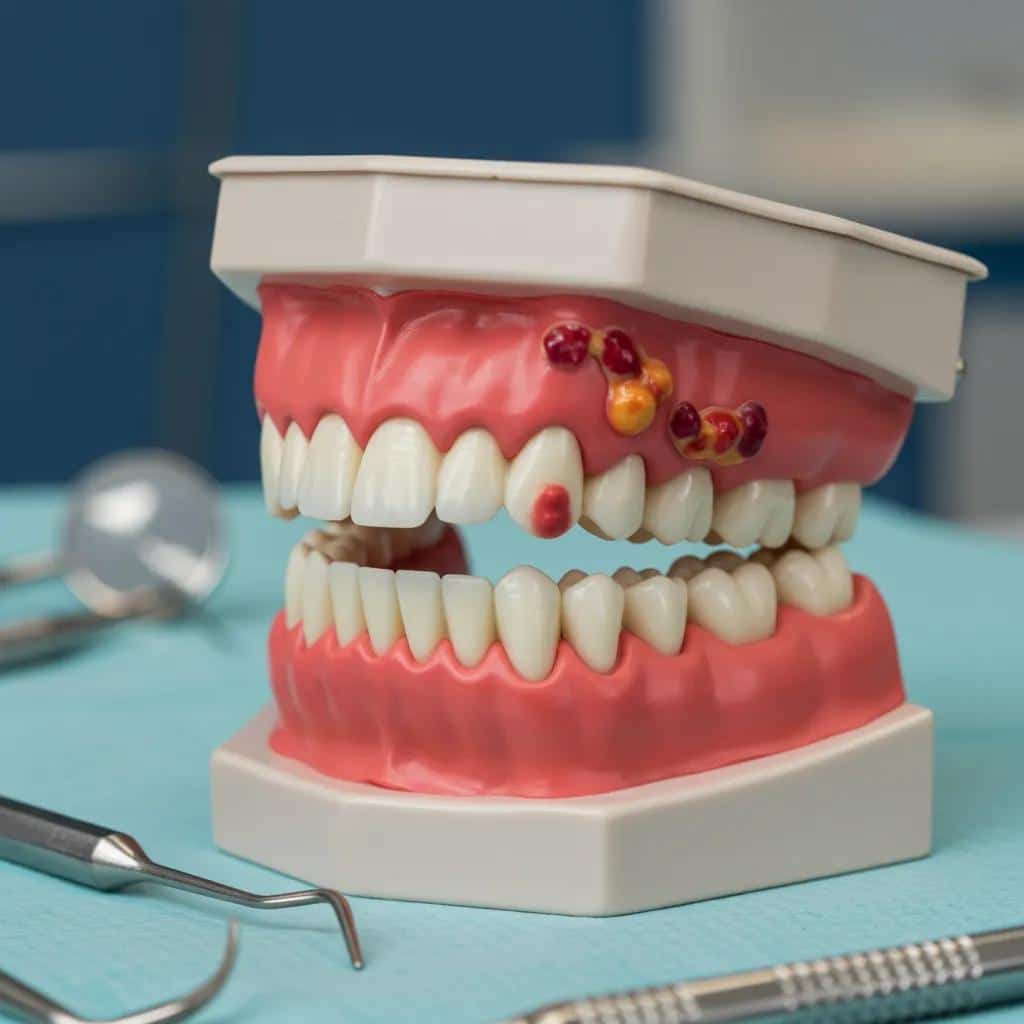 Dental model illustrating gum infection signs related to tooth pain