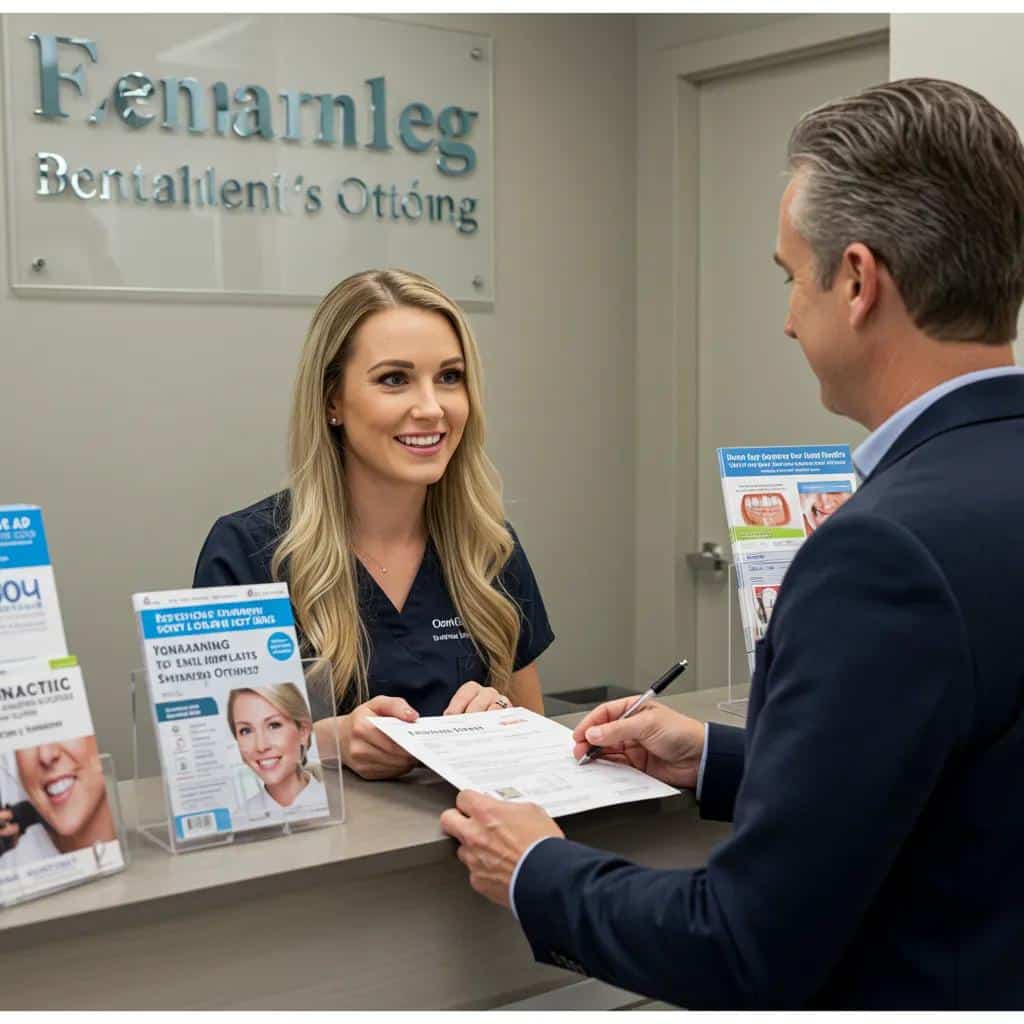Dental office reception scene showing patient and receptionist discussing financing options