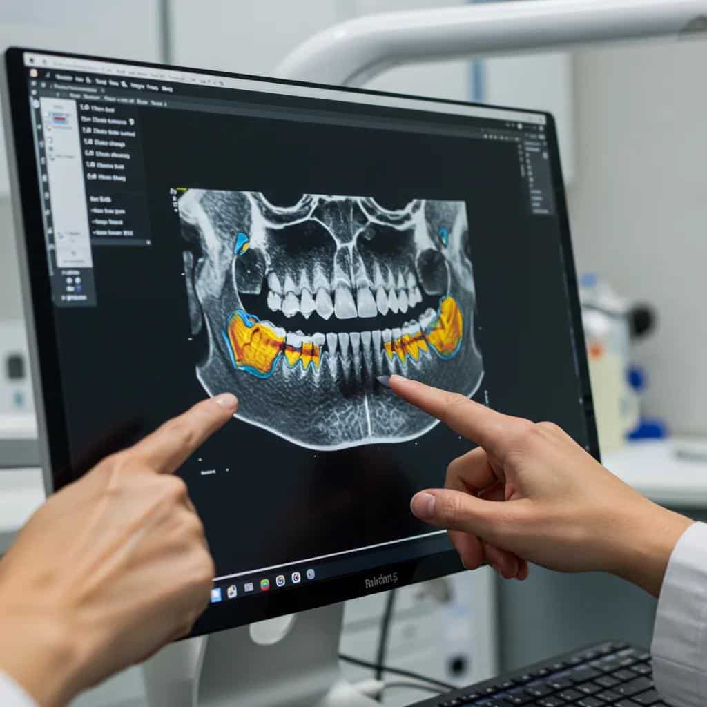 Dental professional analyzing jawbone density on a CBCT scan