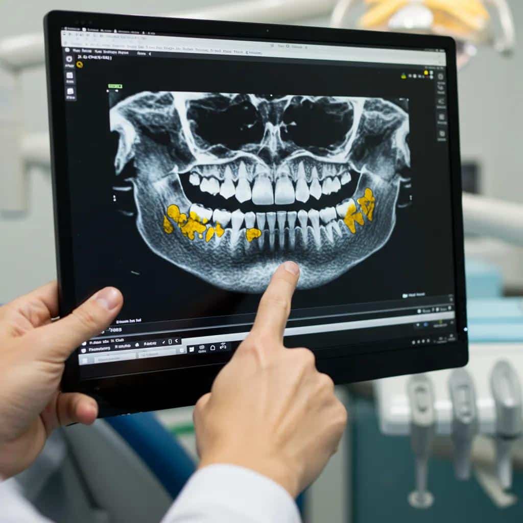 Dental professional analyzing jawbone density on CBCT imaging