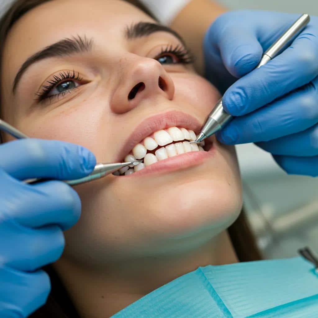 Dental professional applying no-prep veneers to a patient's teeth in a modern clinic