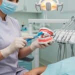 Dental professional demonstrating implant care techniques with a model in a bright clinic setting